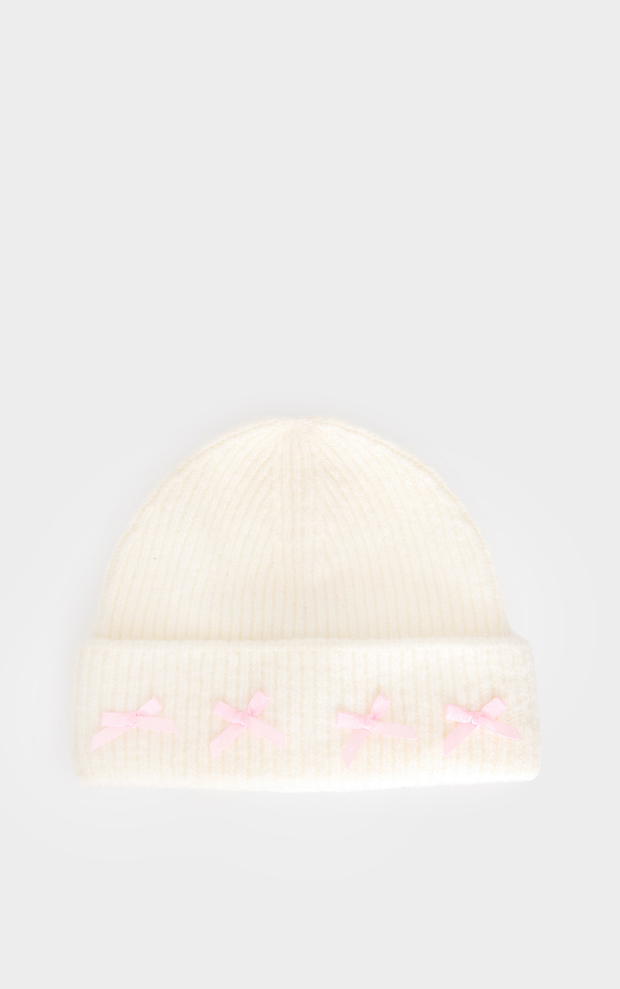 Cream Bow Detail Ribbed Beanie