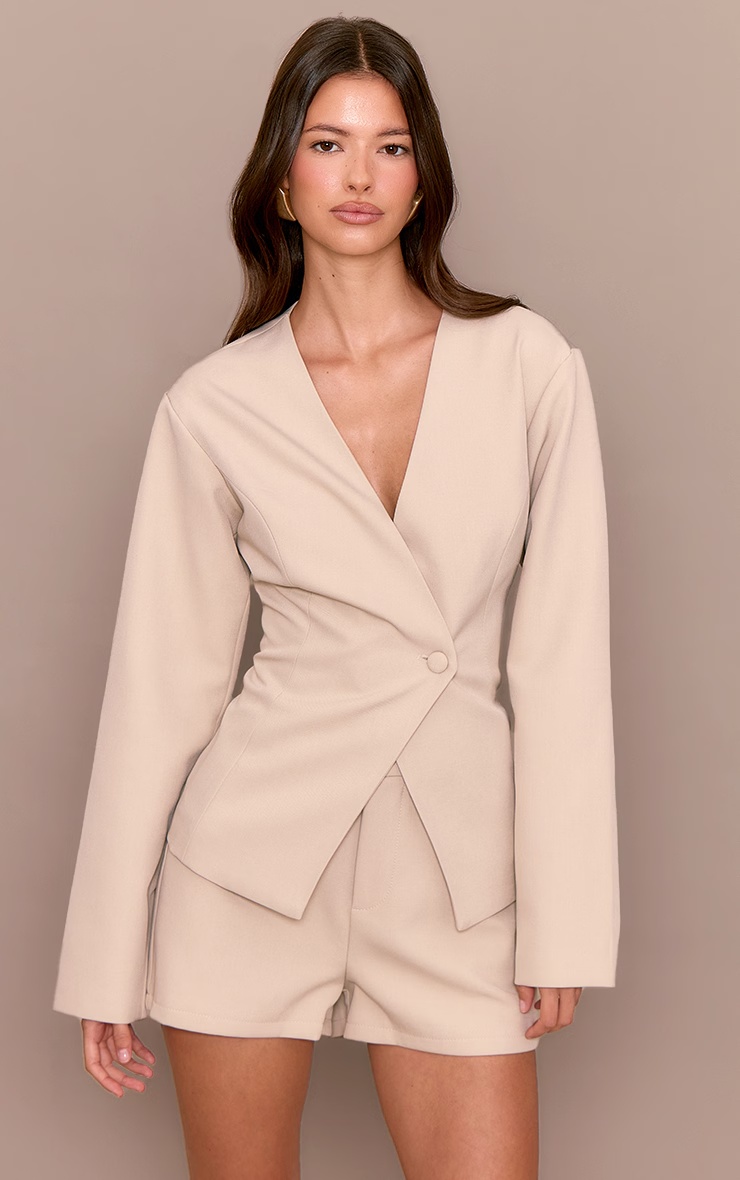Light Grey Tailored Cinched Waist Asymmetric Blazer