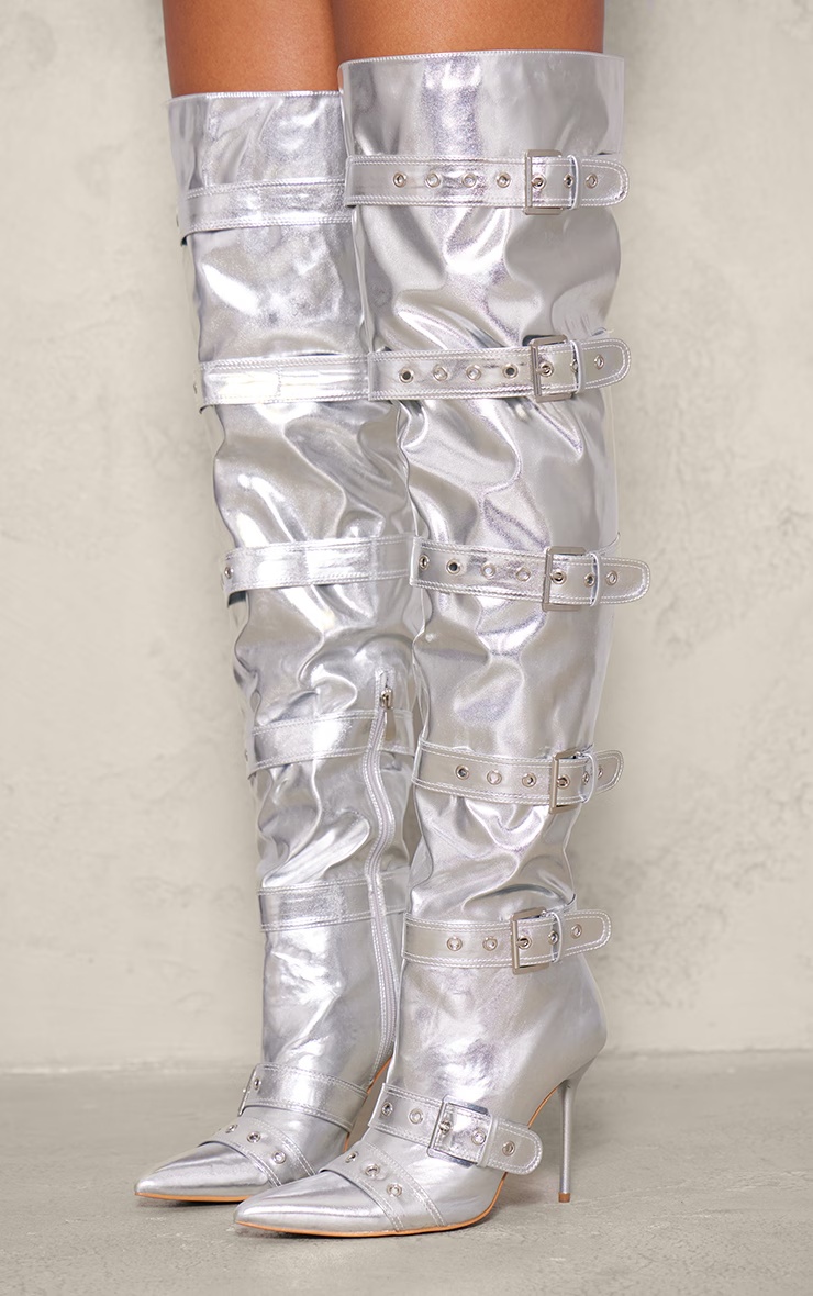 Silver Pu Point Toe Buckled Over The Knee Heeled Boots 3 Silver Pu Point Toe Buckled Over The Knee Heeled Boots