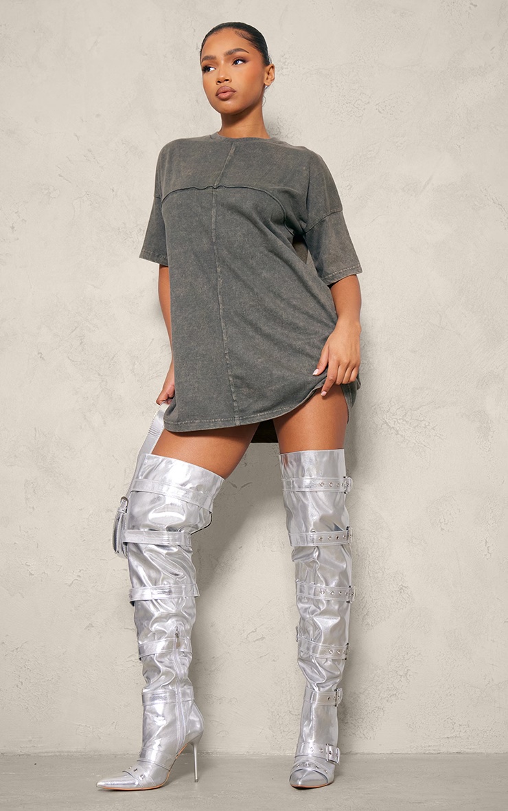 Silver Pu Point Toe Buckled Over The Knee Heeled Boots 4 Silver Pu Point Toe Buckled Over The Knee Heeled Boots