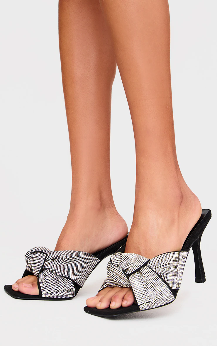 Black PU Square Toe Diamante Knot Strap Heeled Mules