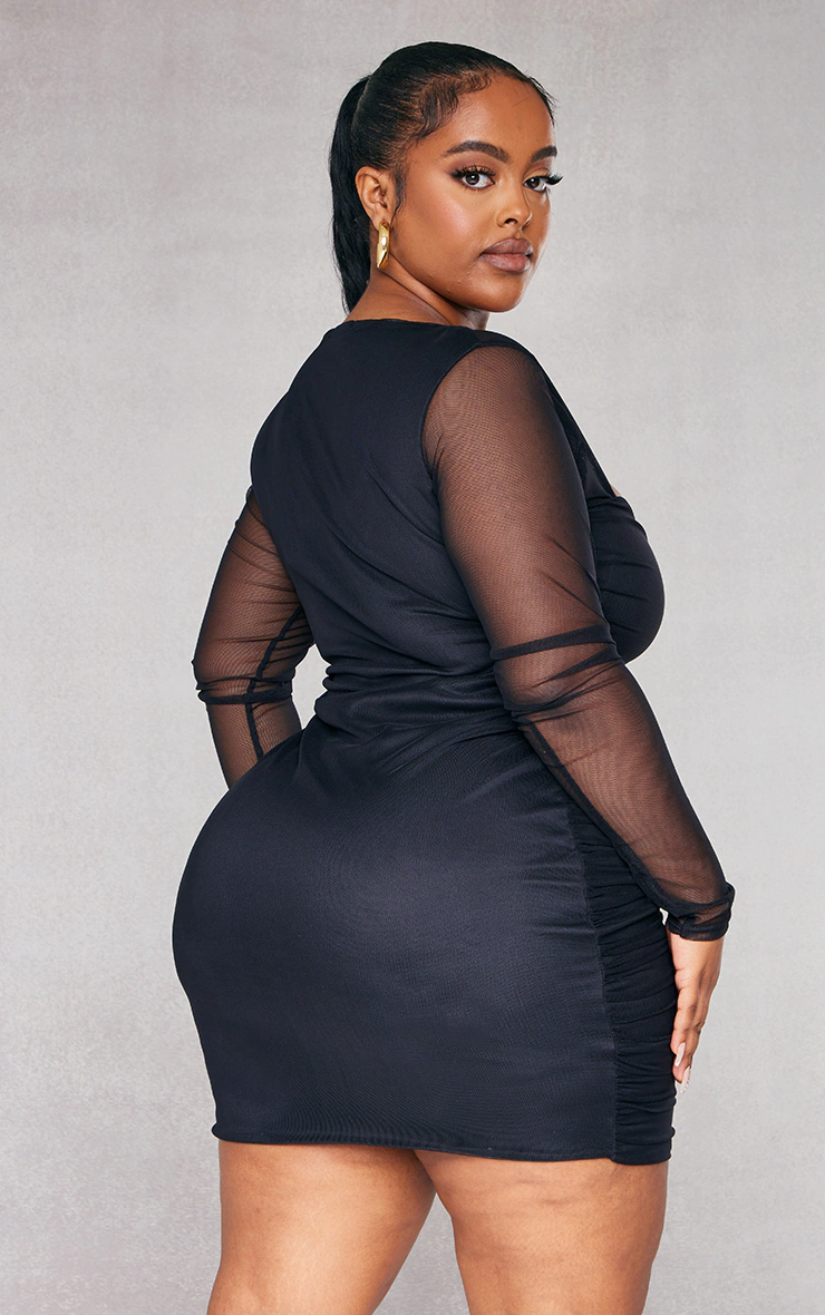 Plus Black Mesh Square Neck Ruched Bodycon Dress 2 Plus Black Mesh Square Neck Ruched Bodycon Dress