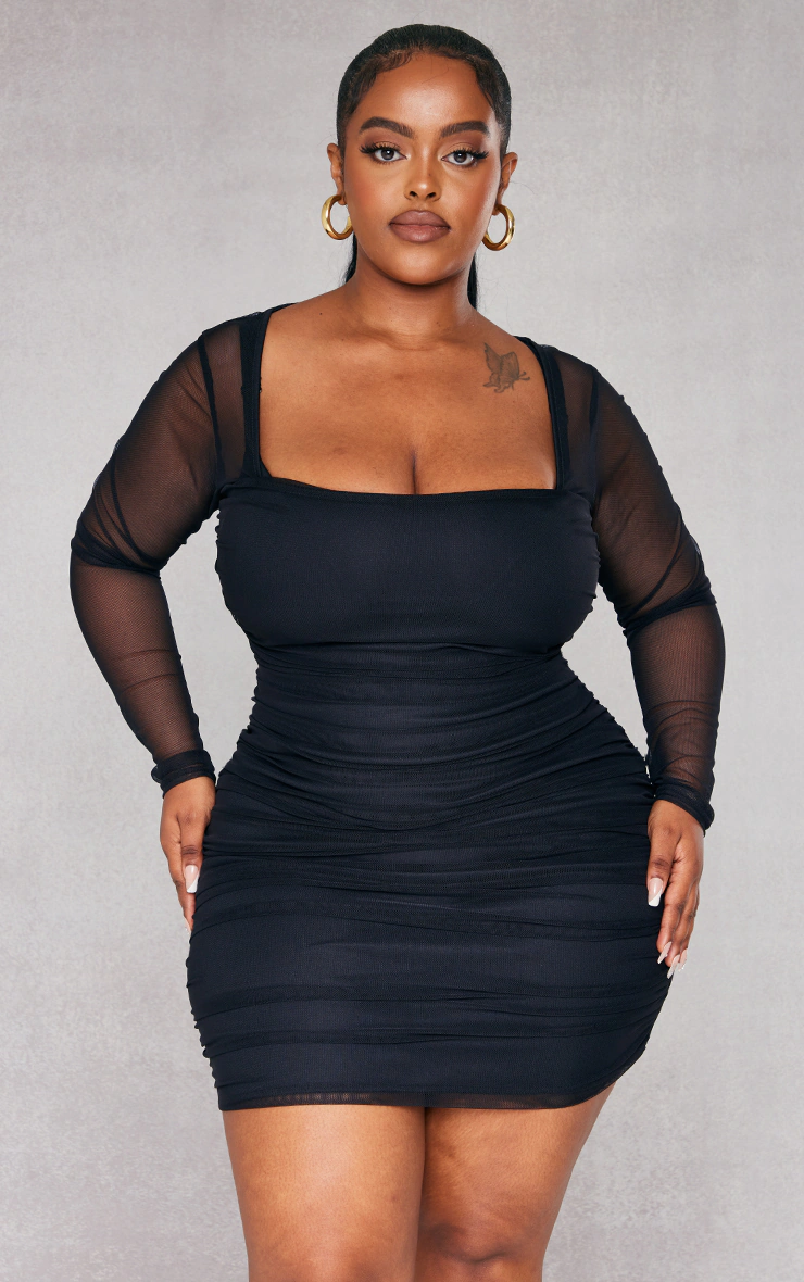 Plus Black Mesh Square Neck Ruched Bodycon Dress 6 Plus Black Mesh Square Neck Ruched Bodycon Dress