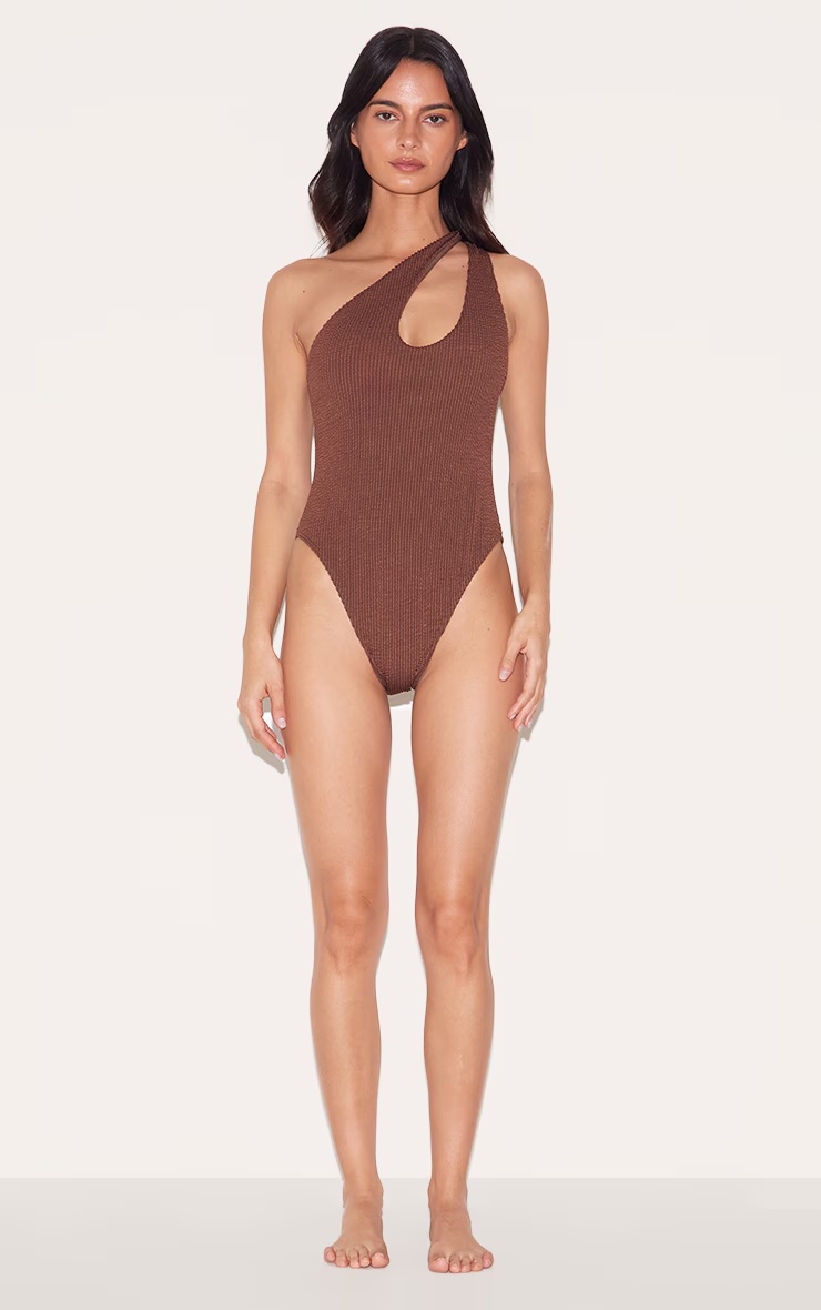 Chocolate Brown Crinkle One Shoulder Cut Out Swimsuit 3 Chocolate Brown Crinkle One Shoulder Cut Out Swimsuit