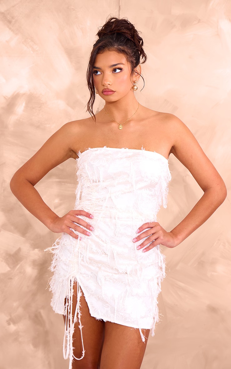Cream Eyelash Detail Satin Bandeau Ruched Mini Dress 1 Cream Eyelash Detail Satin Bandeau Ruched Mini Dress