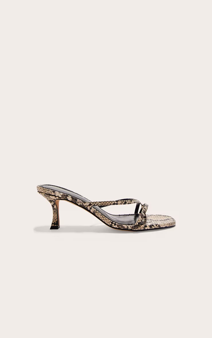 Snake PU Square Toe Strappy Toe Thong Mid Stiletto Heeled Mules 4 Snake PU Square Toe Strappy Toe Thong Mid Stiletto Heeled Mules