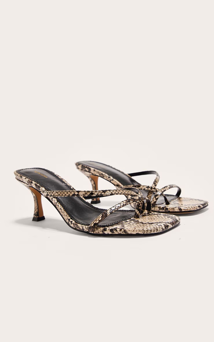 Snake PU Square Toe Strappy Toe Thong Mid Stiletto Heeled Mules 5 Snake PU Square Toe Strappy Toe Thong Mid Stiletto Heeled Mules