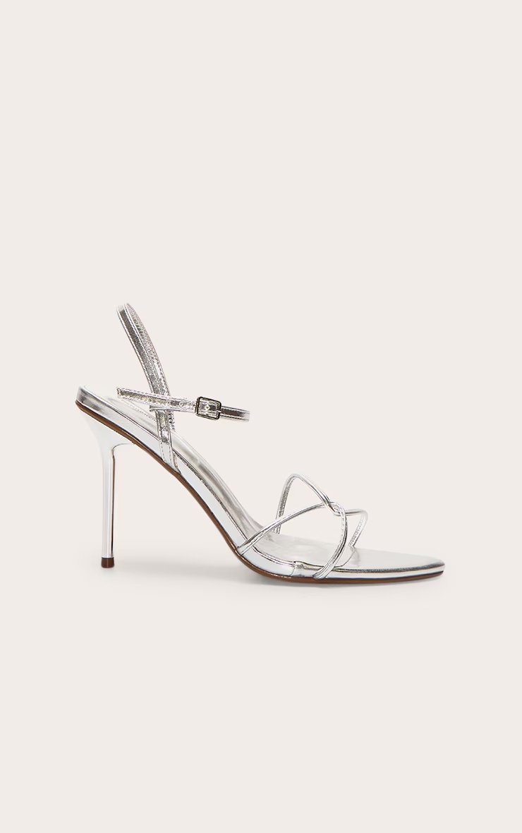 Silver Pu Point Toe Thin Strappy High Stiletto Heeled Sandals