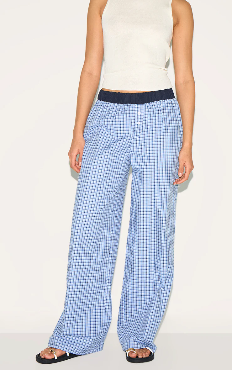 Blue Checked Contrast Waistband Boxer Wide Leg Trousers 1 Blue Checked Contrast Waistband Boxer Wide Leg Trousers