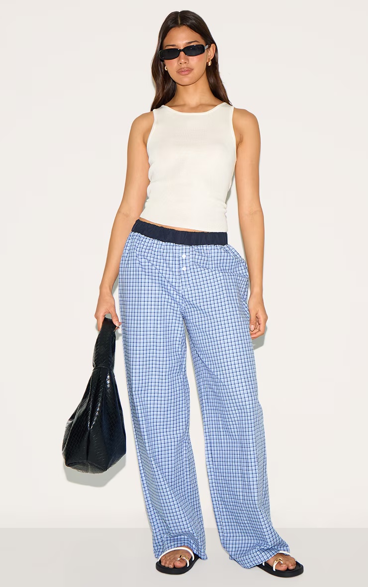 Blue Checked Contrast Waistband Boxer Wide Leg Trousers 5 Blue Checked Contrast Waistband Boxer Wide Leg Trousers
