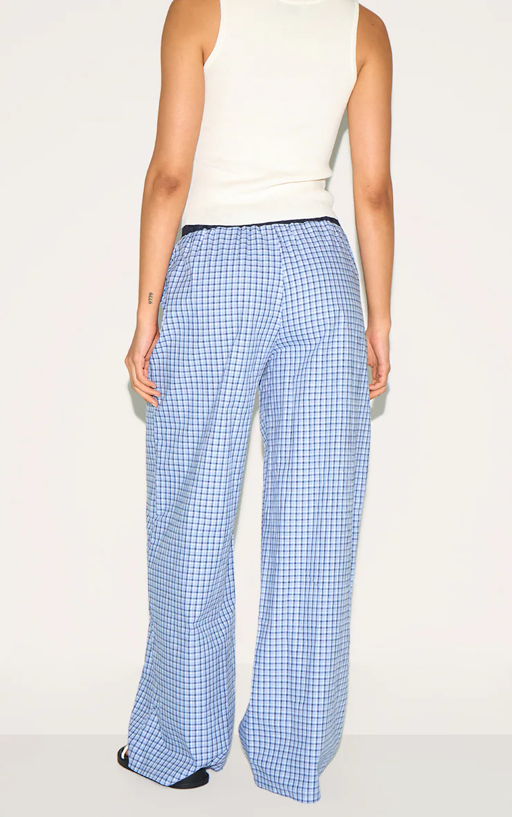 Blue Checked Contrast Waistband Boxer Wide Leg Trousers 6 Blue Checked Contrast Waistband Boxer Wide Leg Trousers