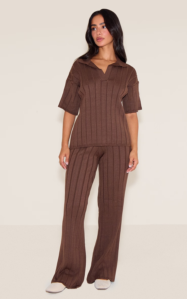 Petite Chocolate Wide Rib Knit Trousers 4 Petite Chocolate Wide Rib Knit Trousers