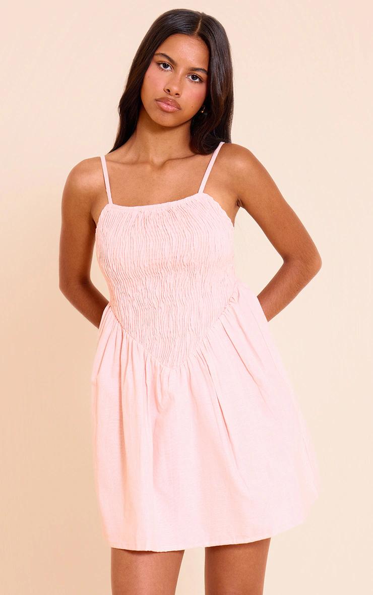 Petite Pink Spaghetti Strap Shirred Bodice Shift Dress 4 Petite Pink Spaghetti Strap Shirred Bodice Shift Dress