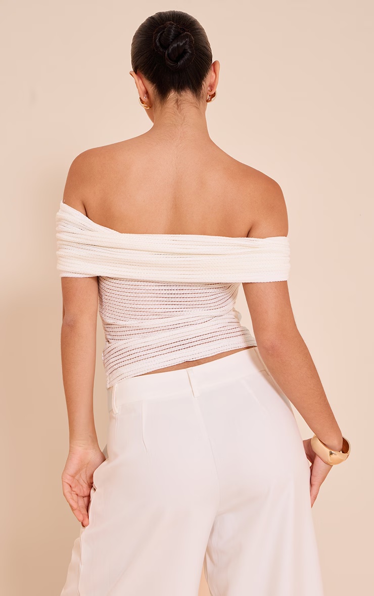 Cream Textured Trim Detail Bardot Top 2 Cream Textured Trim Detail Bardot Top