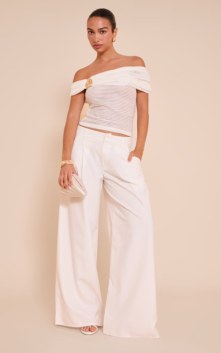 Cream Textured Trim Detail Bardot Top 3 Cream Textured Trim Detail Bardot Top