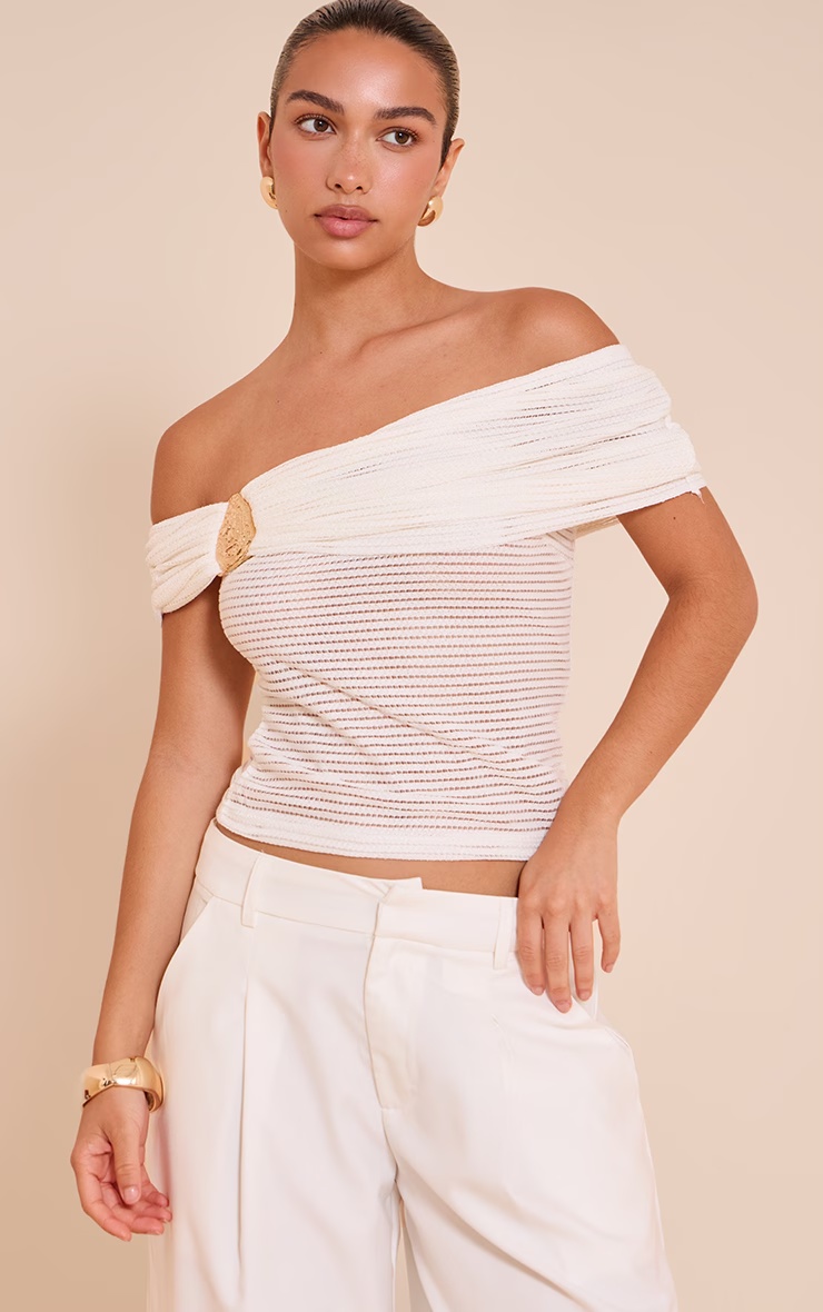 Cream Textured Trim Detail Bardot Top 4 Cream Textured Trim Detail Bardot Top