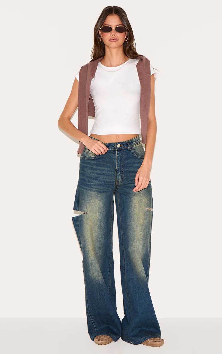 Vintage Wash Thigh Split Detail Wide Leg Jeans 1 Vintage Wash Thigh Split Detail Wide Leg Jeans