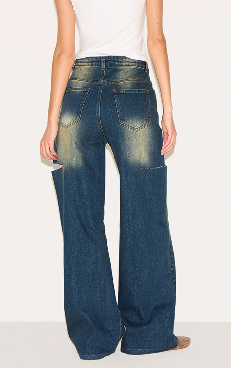 Vintage Wash Thigh Split Detail Wide Leg Jeans 3 Vintage Wash Thigh Split Detail Wide Leg Jeans