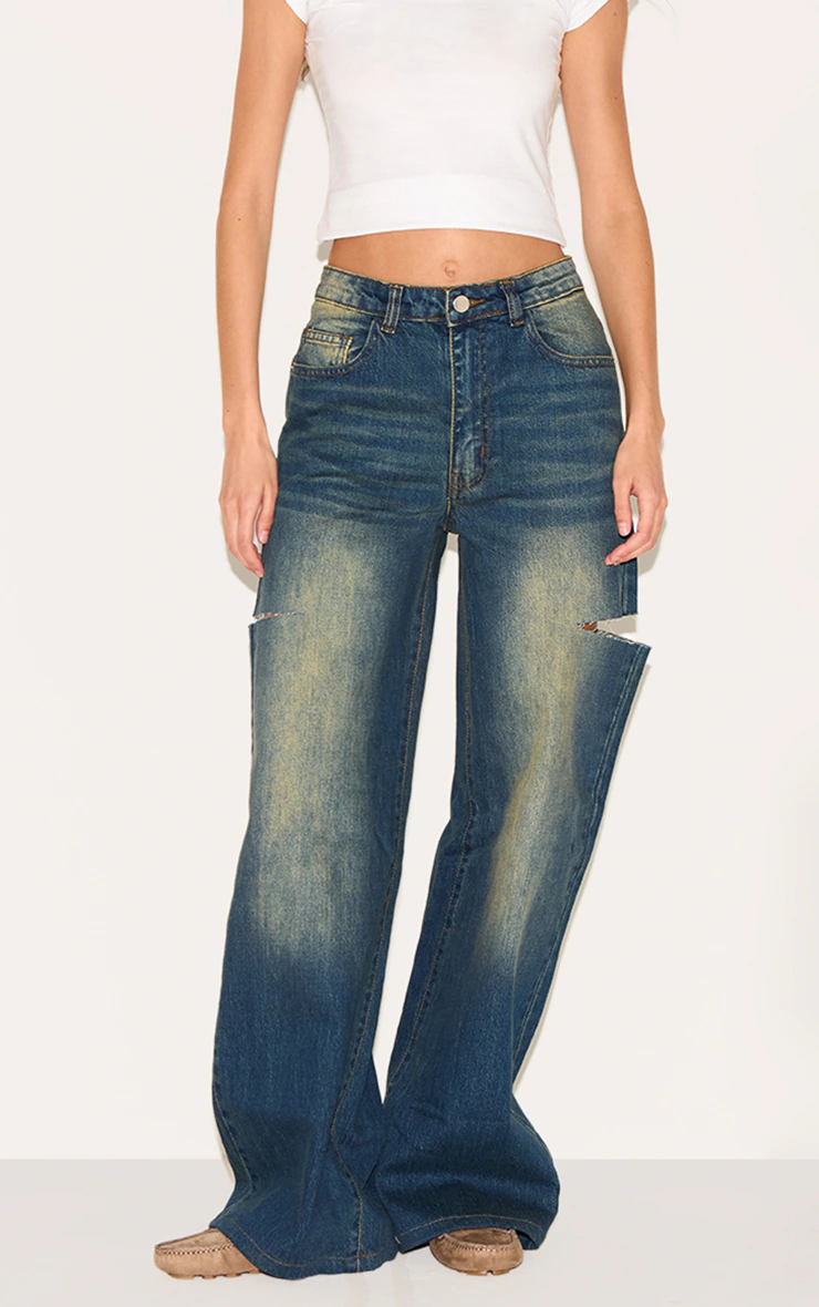 Vintage Wash Thigh Split Detail Wide Leg Jeans 5 Vintage Wash Thigh Split Detail Wide Leg Jeans