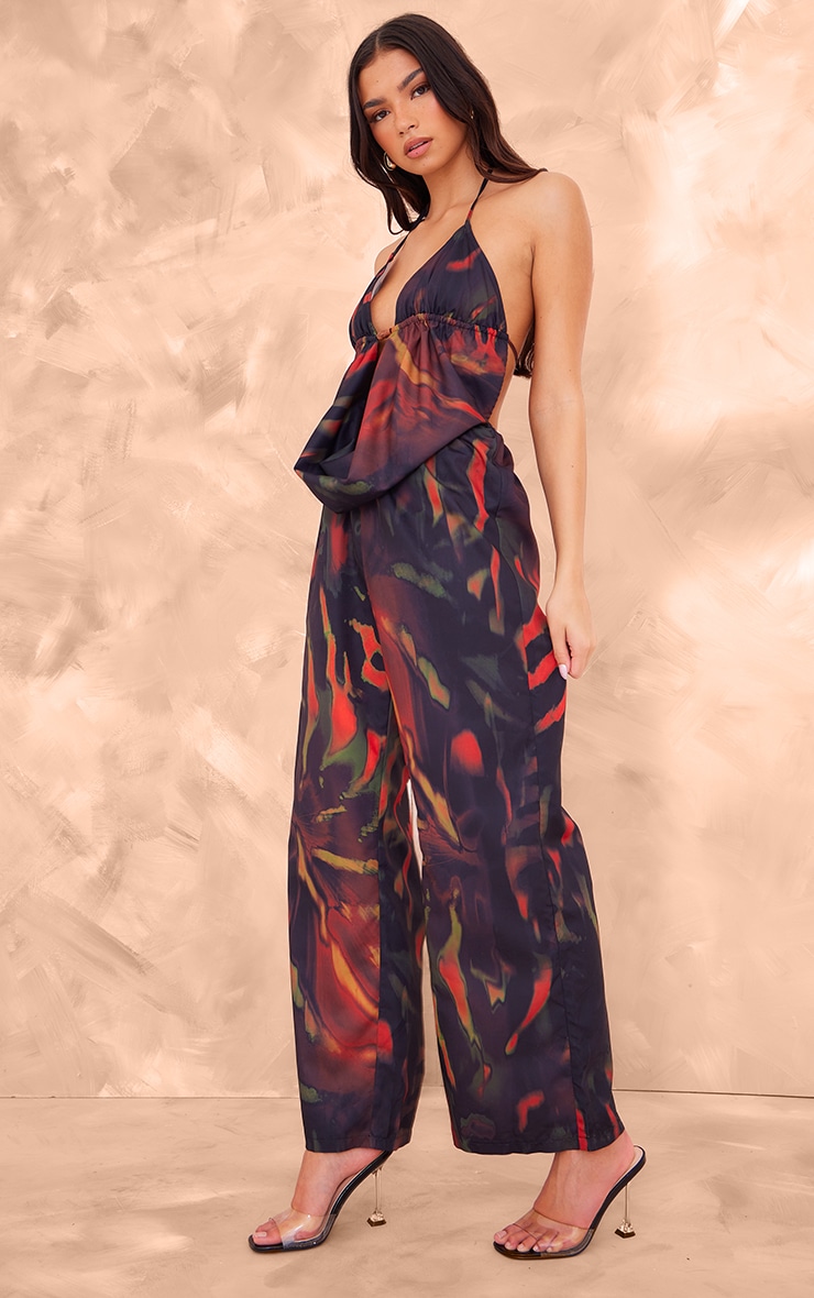 Black Leaf Printed Cowel Detail Halter Neck Jumpsuit 6 Black Leaf Printed Cowel Detail Halter Neck Jumpsuit