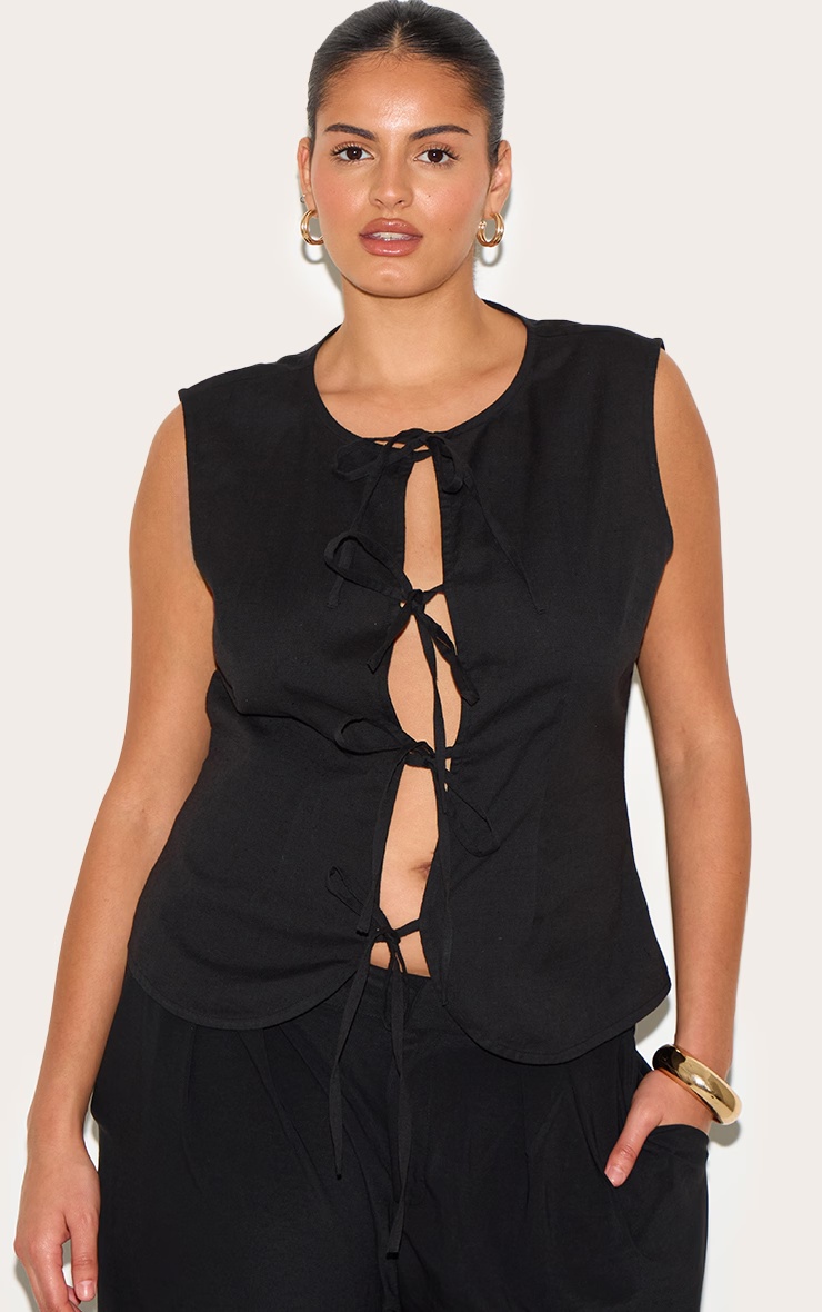 Plus Black Linen Tie Front Waistcoat 4 Plus Black Linen Tie Front Waistcoat