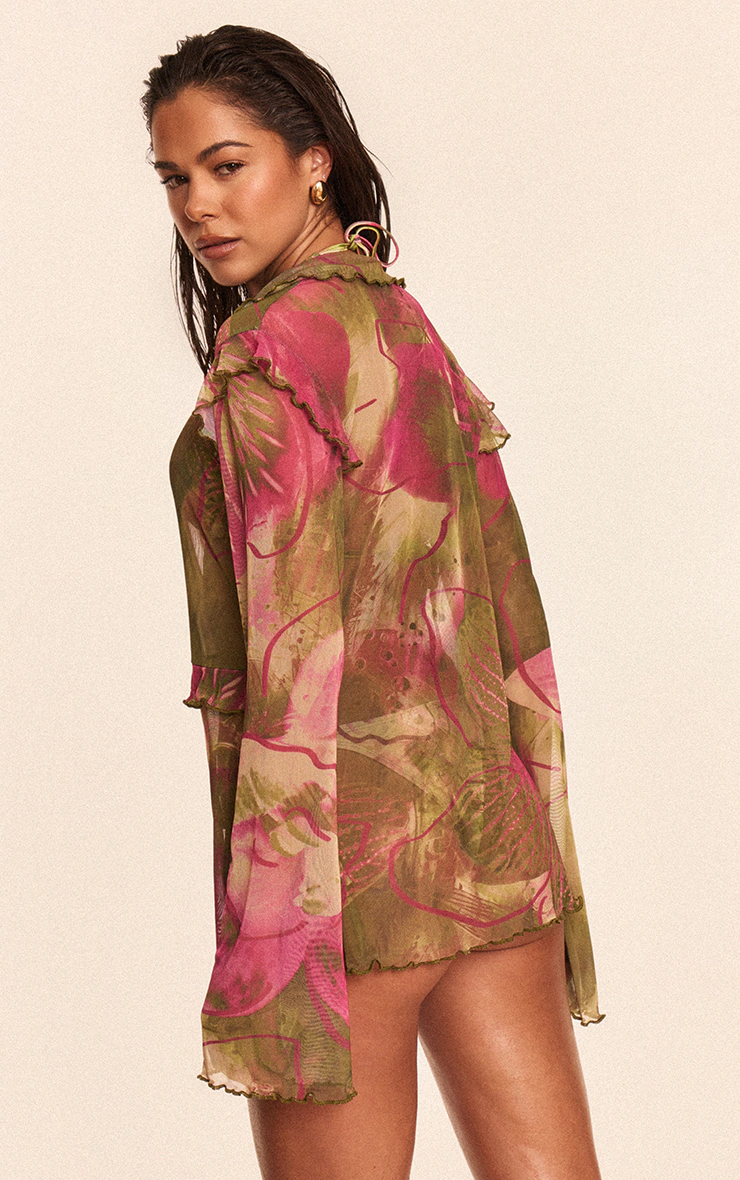 Fuschia Orchid Printed Mesh Frilly Tie Front Beach Top 5 Fuschia Orchid Printed Mesh Frilly Tie Front Beach Top