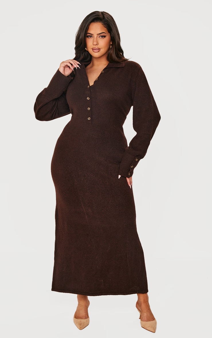 Plus Chocolate Soft Bobble Knit Button Up Collar Detail Maxi Dress