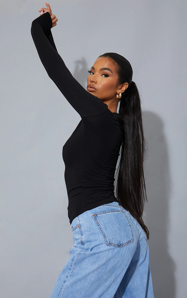 Black Basic Cotton Blend Long Sleeve Fitted T Shirt 2 Black Basic Cotton Blend Long Sleeve Fitted T Shirt