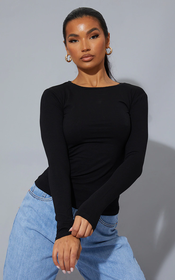 Black Basic Cotton Blend Long Sleeve Fitted T Shirt 4 Black Basic Cotton Blend Long Sleeve Fitted T Shirt