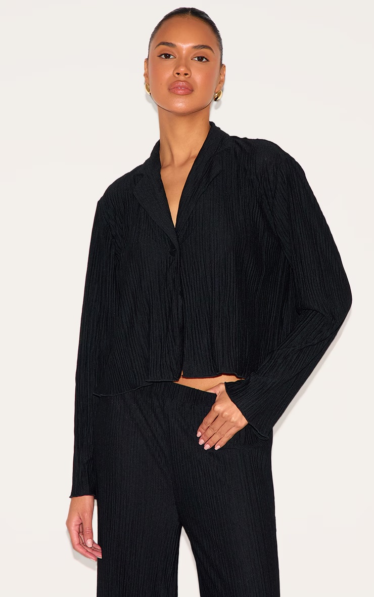 Black Textured Pleated Button Front Shirt 4 Black Textured Pleated Button Front Shirt