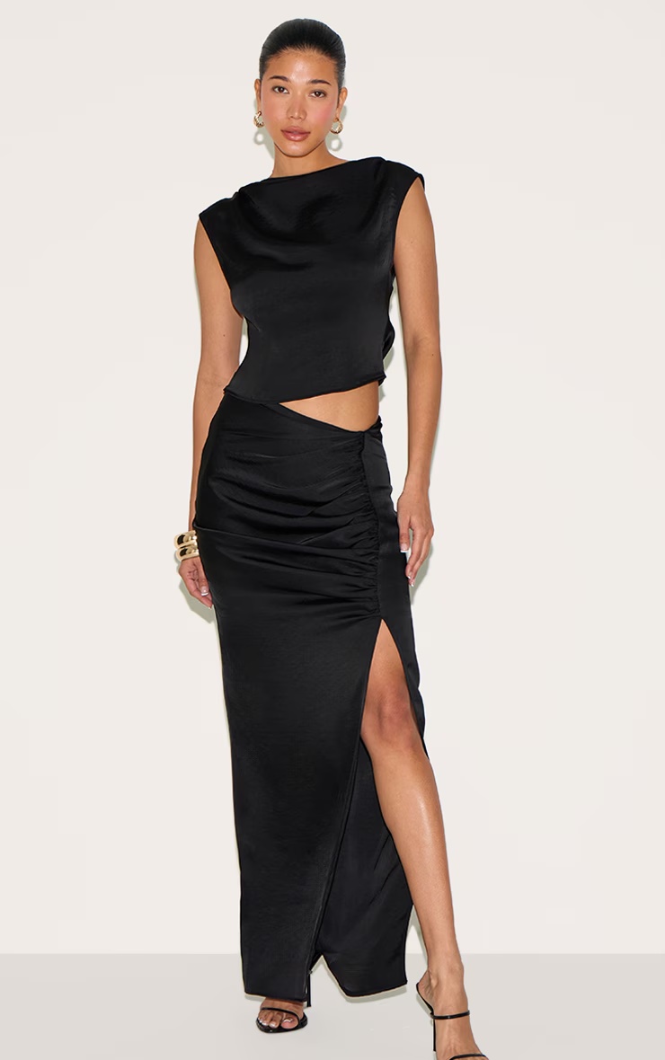 Black Ruched Satin Split Detail Maxi Skirt 1 Black Ruched Satin Split Detail Maxi Skirt