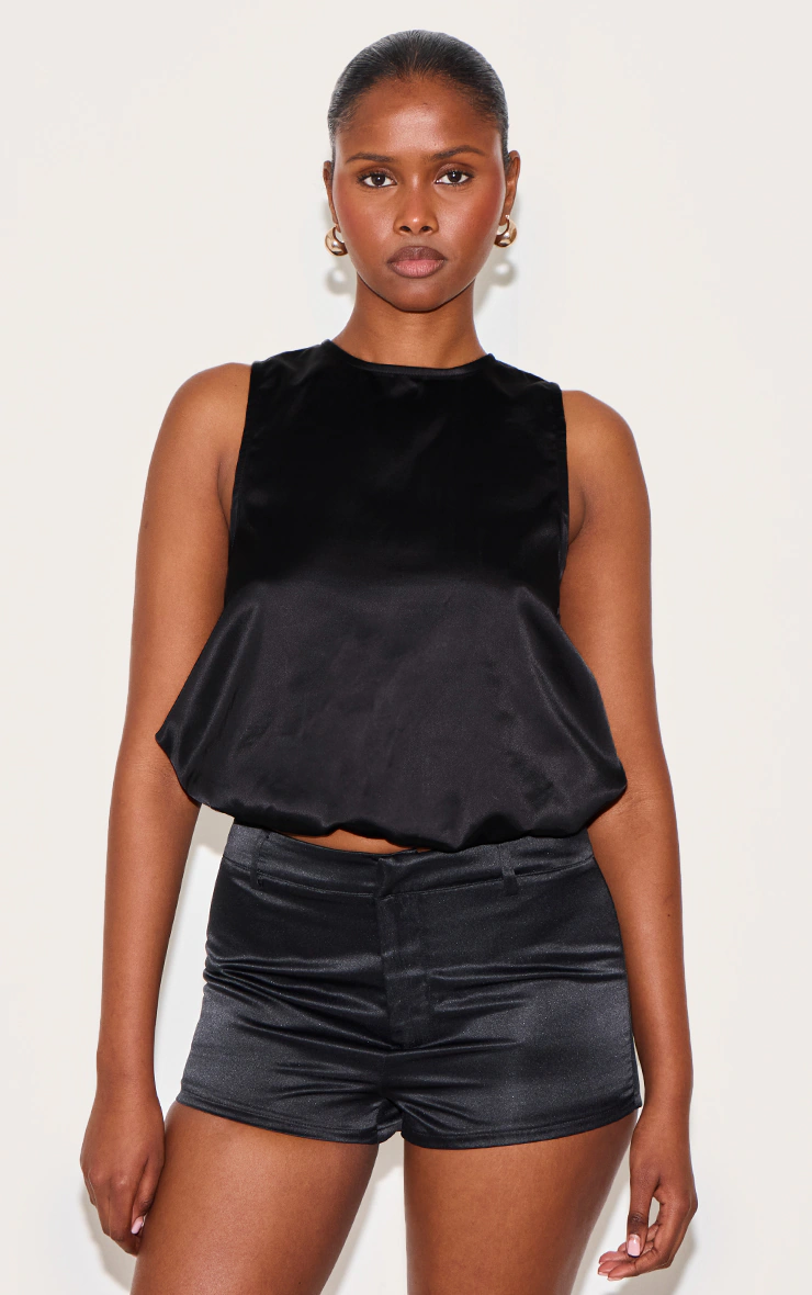 Black Satin Bubble Hem Top 4 Black Satin Bubble Hem Top