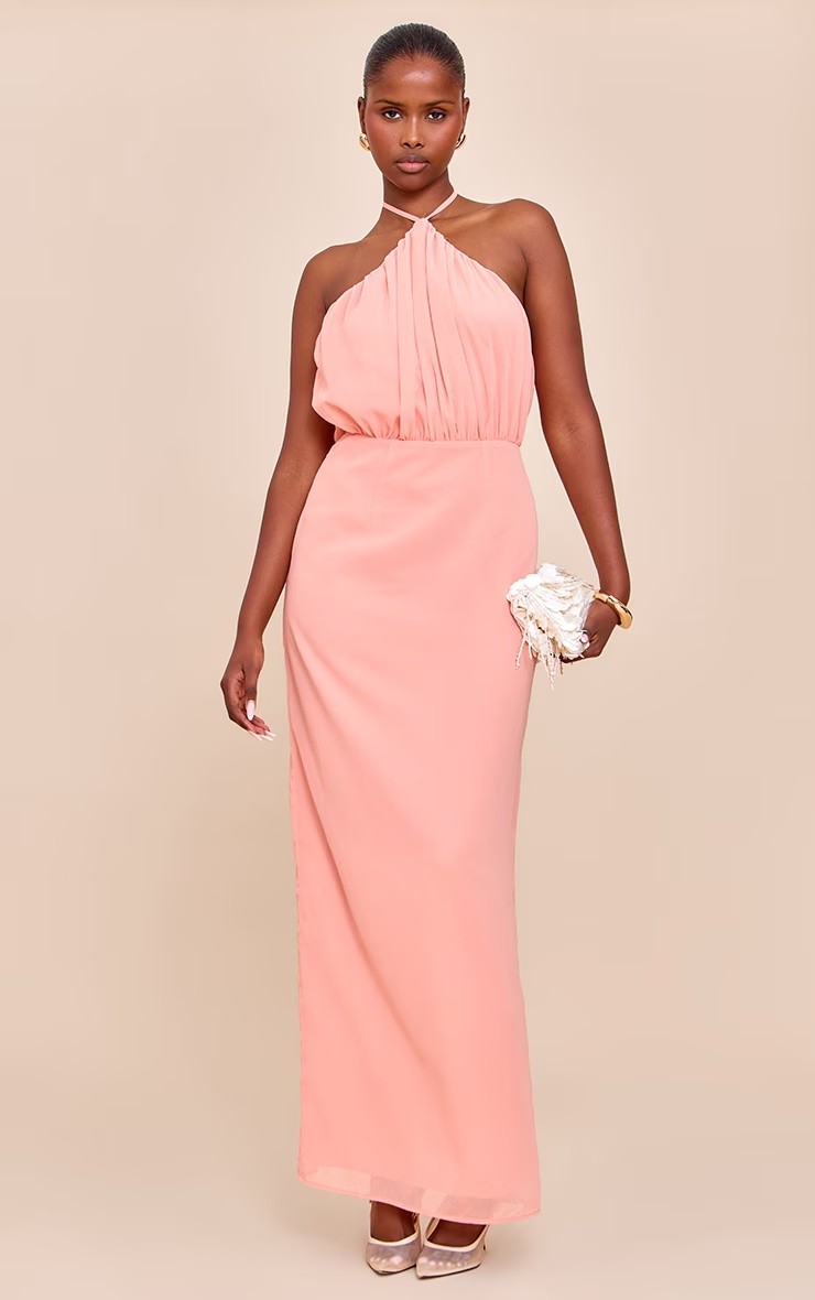 Peach Chiffon Halter Neck Maxi Dress 1 Peach Chiffon Halter Neck Maxi Dress