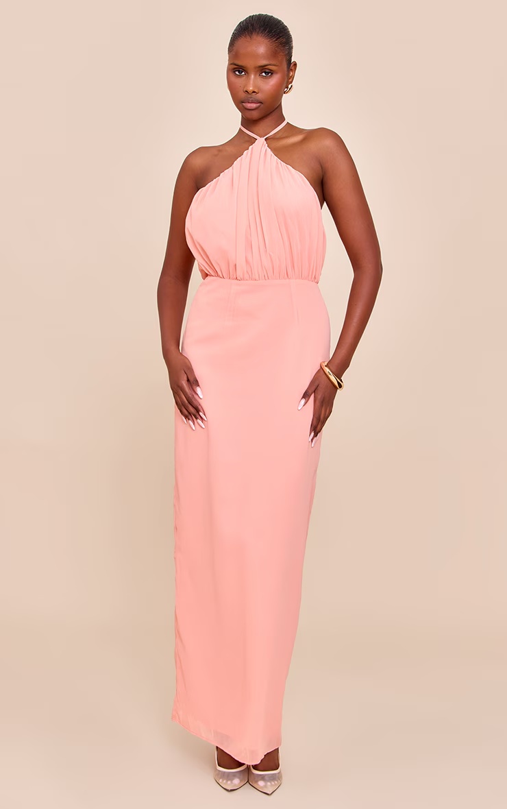 Peach Chiffon Halter Neck Maxi Dress 5 Peach Chiffon Halter Neck Maxi Dress