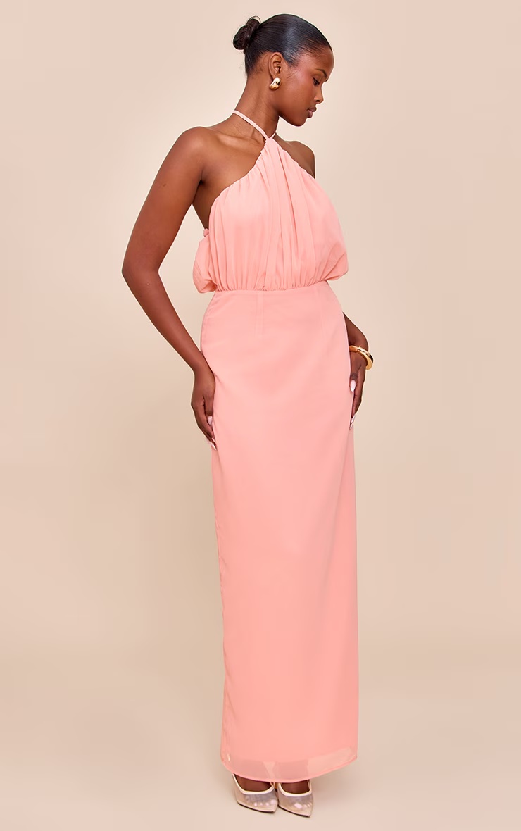 Peach Chiffon Halter Neck Maxi Dress 6 Peach Chiffon Halter Neck Maxi Dress