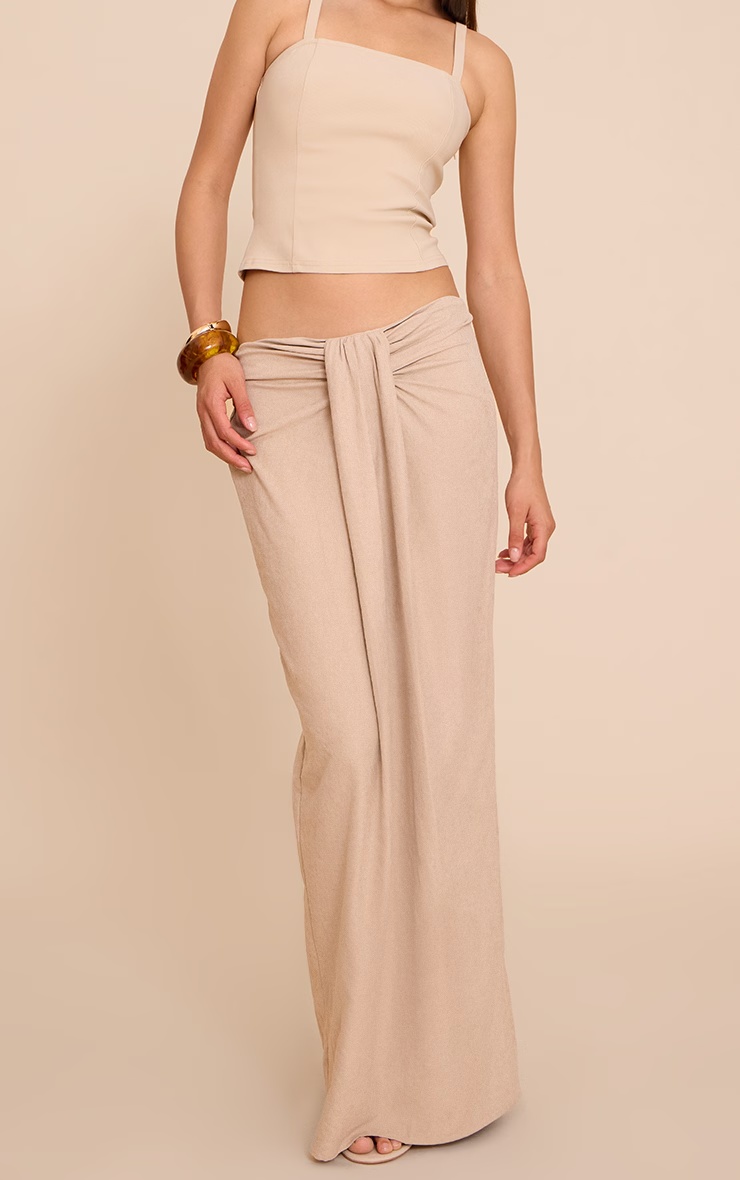 Beige Peachskin Drape Front Maxi Skirt 5 Beige Peachskin Drape Front Maxi Skirt