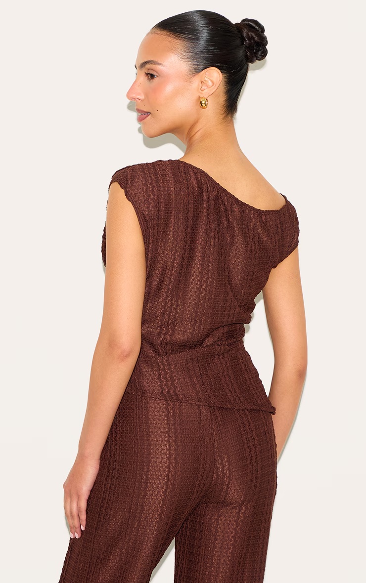 Petite Chocolate Asymmetric Textured Off Shoulder Top 2 Petite Chocolate Asymmetric Textured Off Shoulder Top