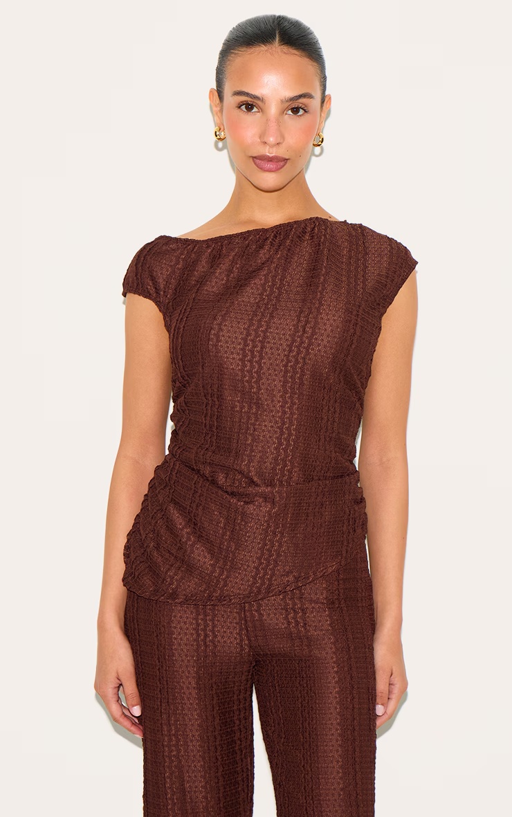 Petite Chocolate Asymmetric Textured Off Shoulder Top 4 Petite Chocolate Asymmetric Textured Off Shoulder Top