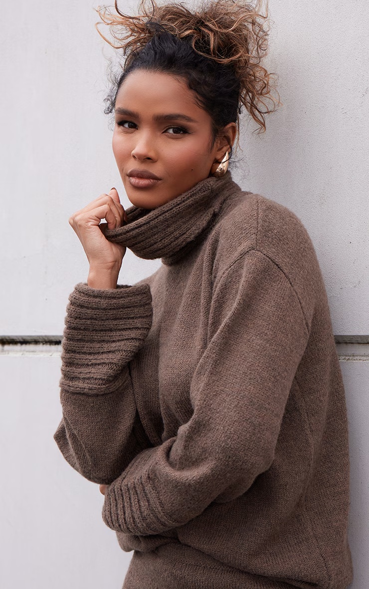Chocolate Textured Knit Roll Neck Oversized Jumper