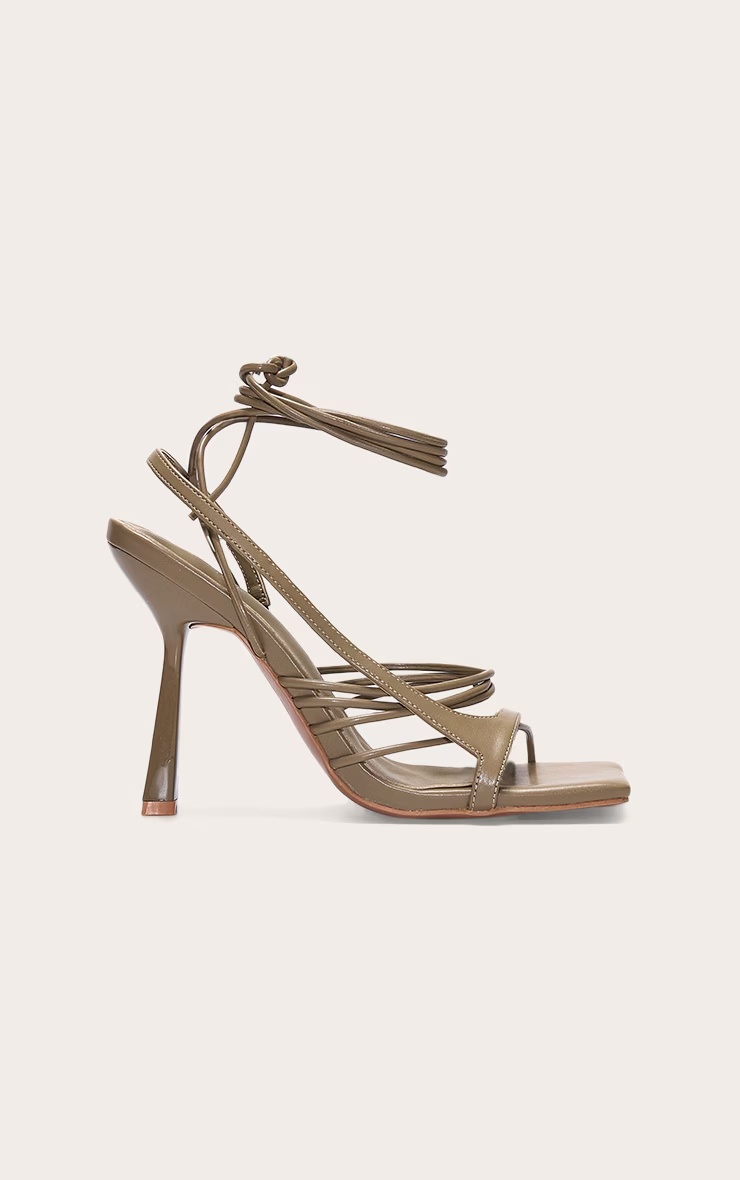 Olive Pu Square Toe Asymmetric Strappy Lace Up High Heeled Sandals 2 Olive Pu Square Toe Asymmetric Strappy Lace Up High Heeled Sandals