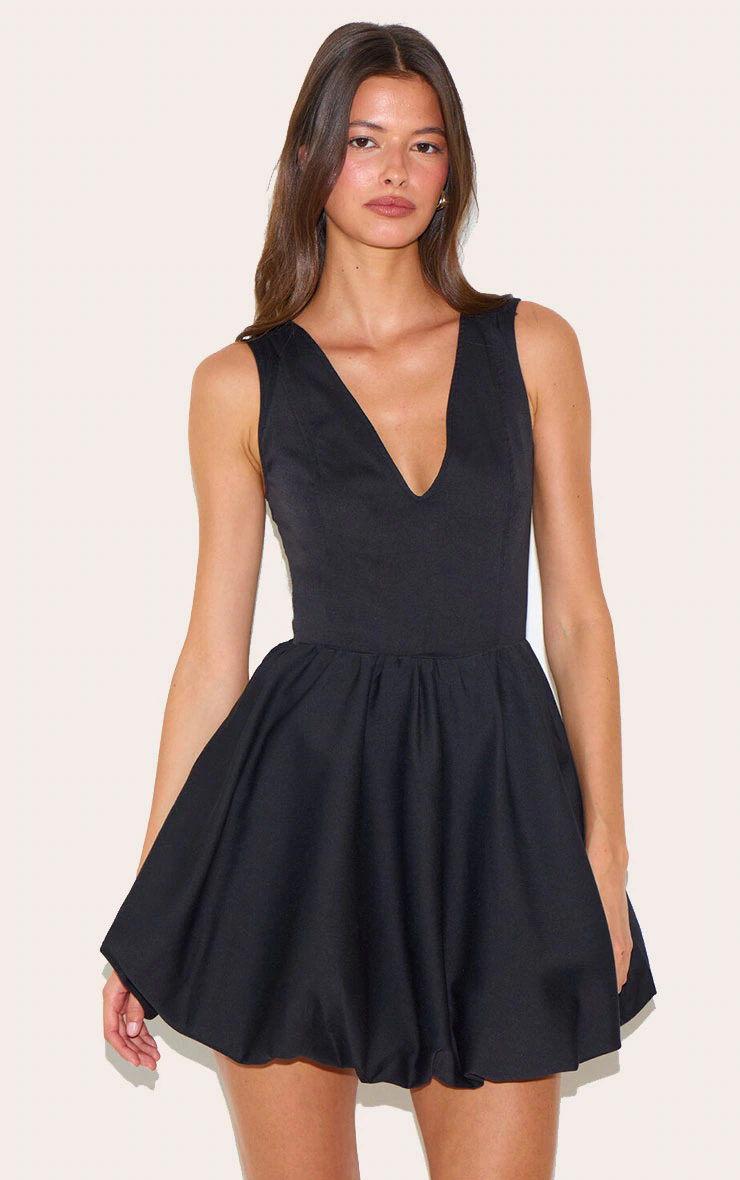 Black Tailored V Neck Puffball Mini Dress 4 Black Tailored V Neck Puffball Mini Dress