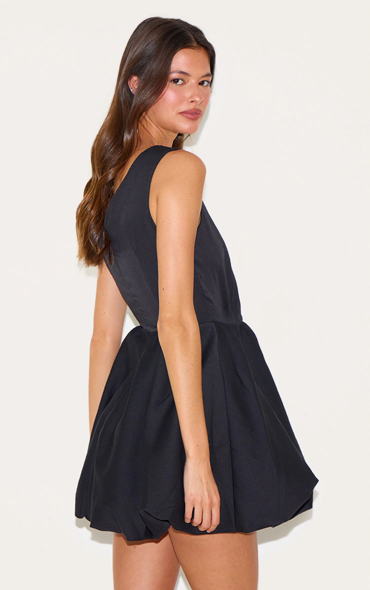 Black Tailored V Neck Puffball Mini Dress 5 Black Tailored V Neck Puffball Mini Dress