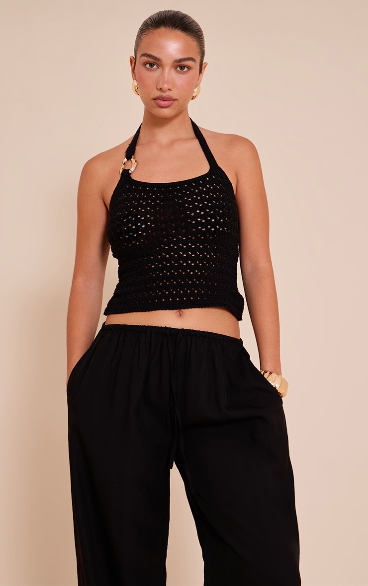 Black Crochet Trim Detail Halter Top