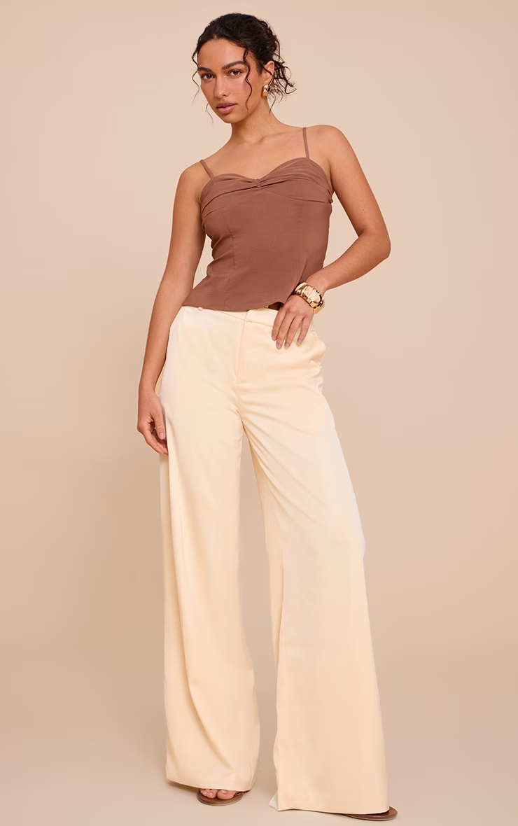 Butter Cream Satin Tailored Detail Wide Leg Trousers