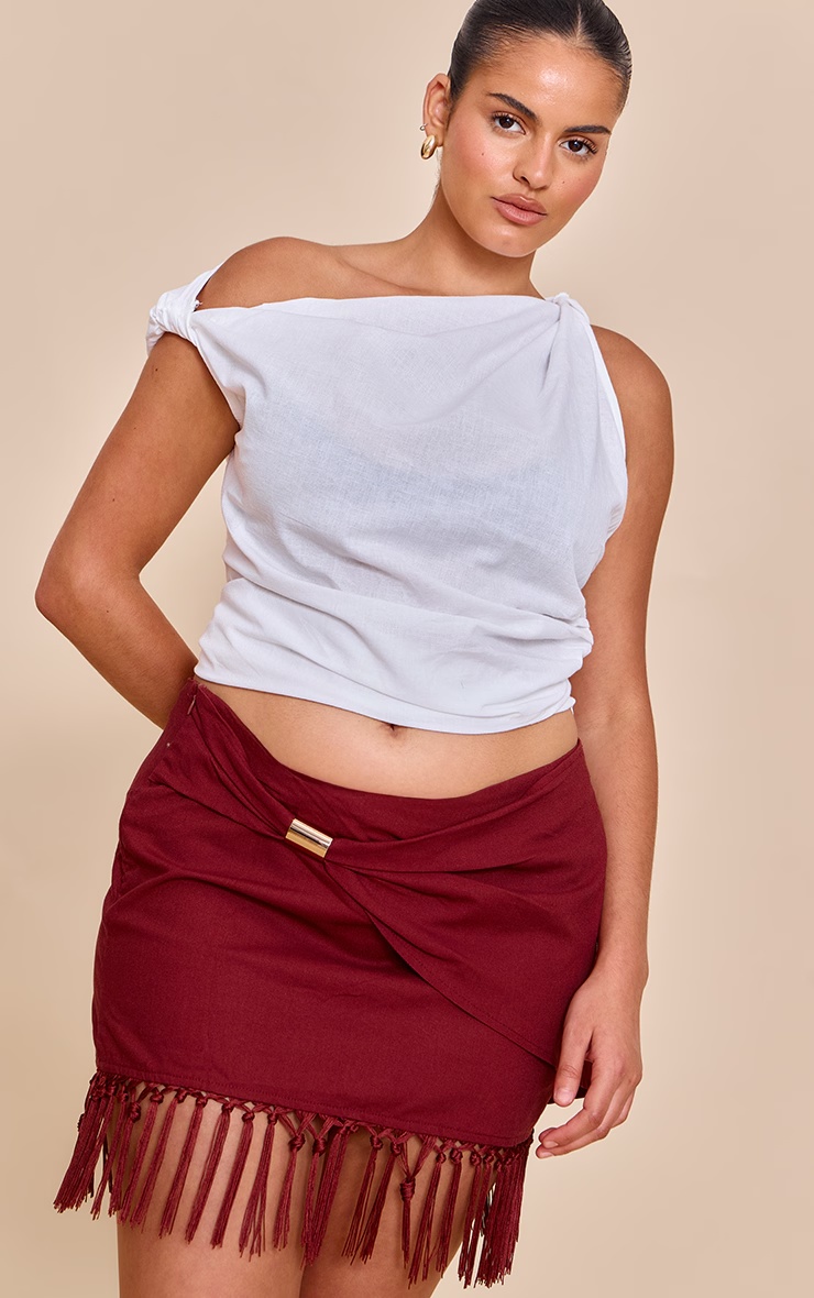 Plus Chocolate Linen Gold Trim Tassle Hem Mini Skirt 1 Plus Chocolate Linen Gold Trim Tassle Hem Mini Skirt