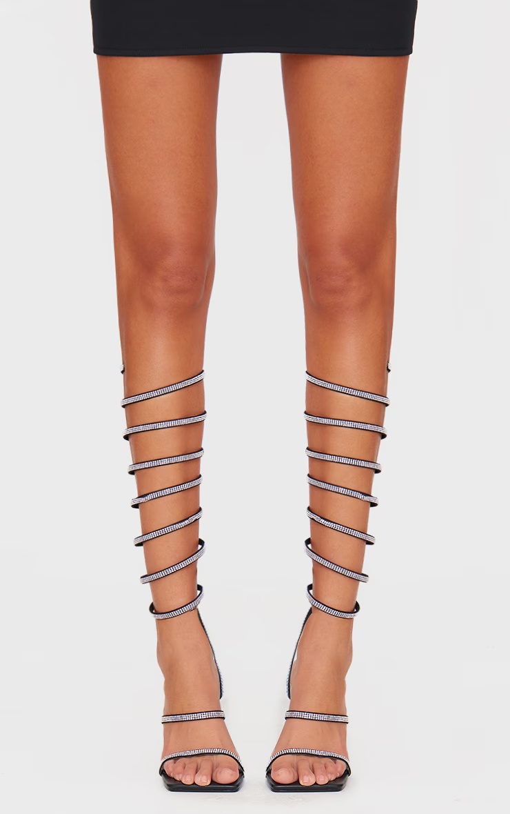 Black PU Square Toe Diamante Spiral Mid Stiletto Heeled Sandals