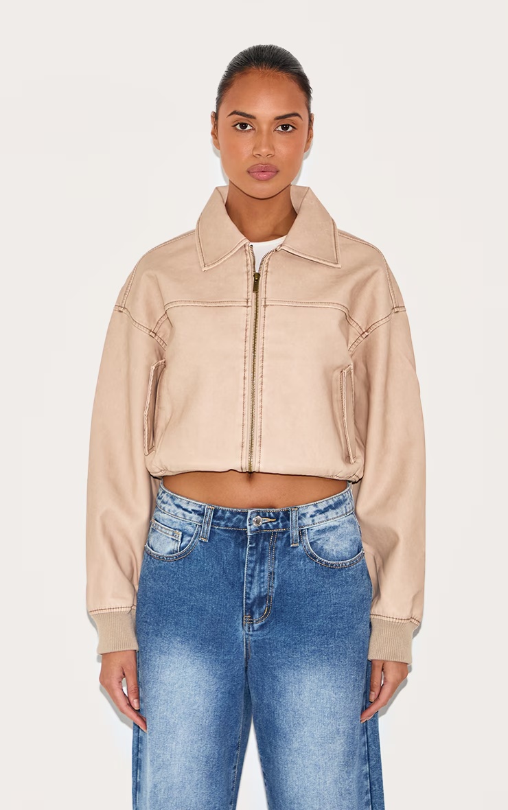 Cream Bleach Detail Faux Leather Cropped Bomber 4 Cream Bleach Detail Faux Leather Cropped Bomber