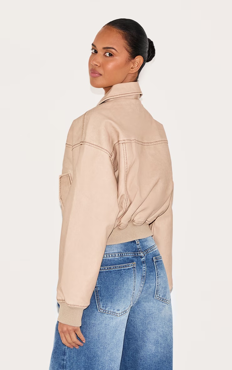 Cream Bleach Detail Faux Leather Cropped Bomber 5 Cream Bleach Detail Faux Leather Cropped Bomber