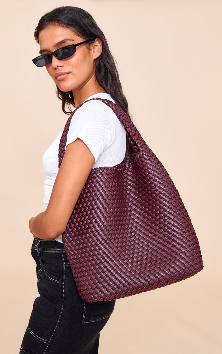 Premium Burgundy Pu Weave Shoulder Bag