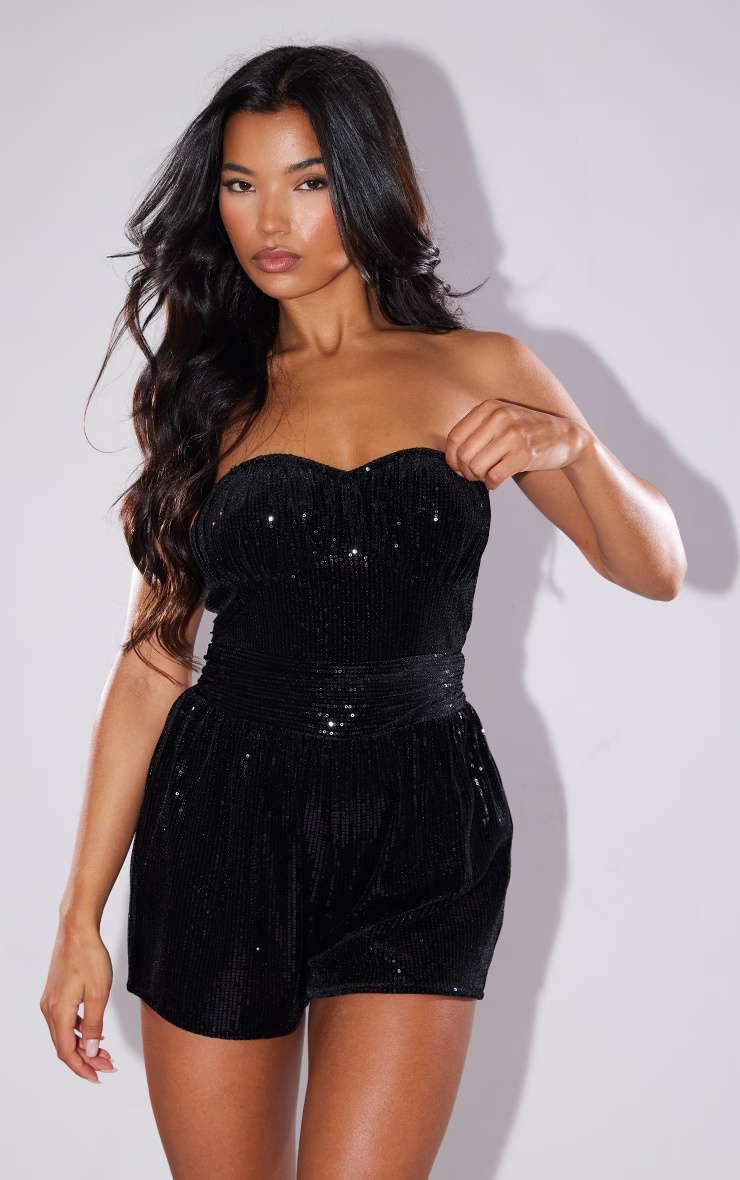 Black Velvet Sequin Bandeau Ruched Bust Playsuit 6 Black Velvet Sequin Bandeau Ruched Bust Playsuit